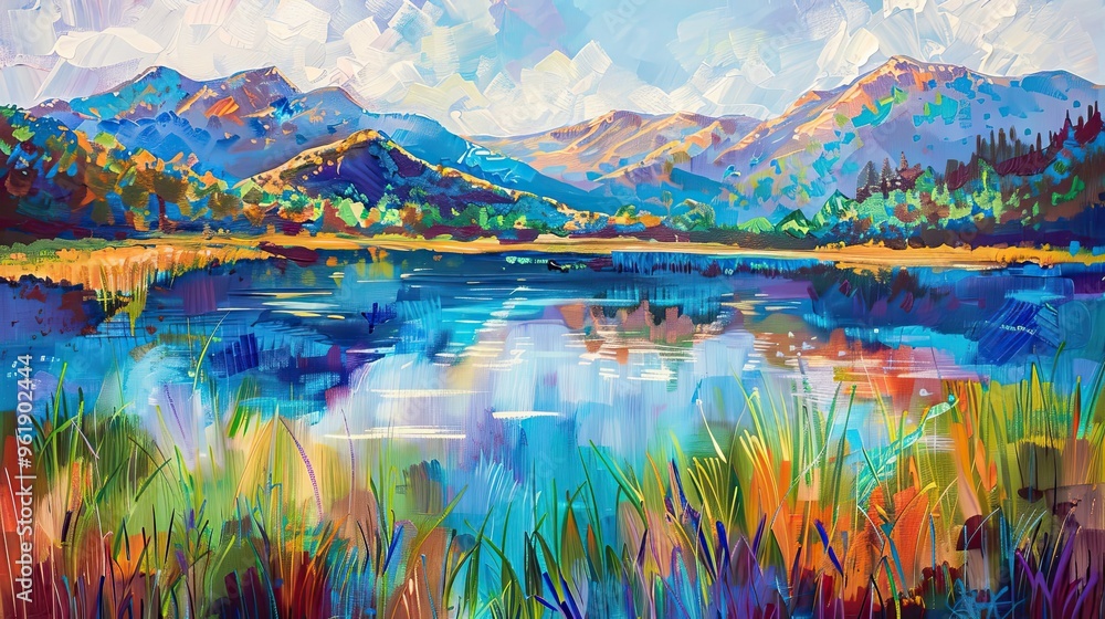 Sticker fauvism backdrop showcasing a tranquil lake with vibrant colors bold brushstrokes and dynamic mounta