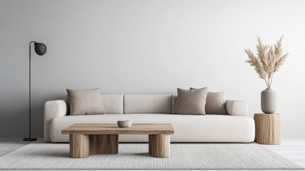 Minimalist living room interiors with elegant furniture and copyspace.Residential interior design composition