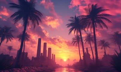 Obraz premium Silhouetted Palm Trees Against a Pink Sunset Over a Cityscape