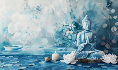 3D wallpaper background featuring blue water, lotus flowers, white candles, and a Buddha statue in a watercolor style, with a white and light gray color scheme for a detailed