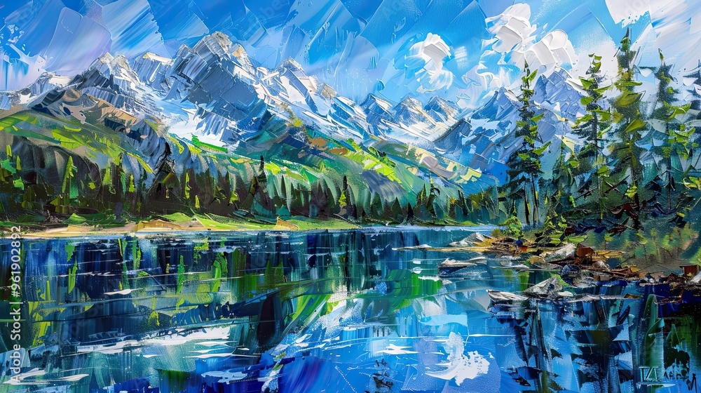 Canvas Prints dynamic neo-expressionism wallpaper showing a serene lake forests and snowy mountains under a bright