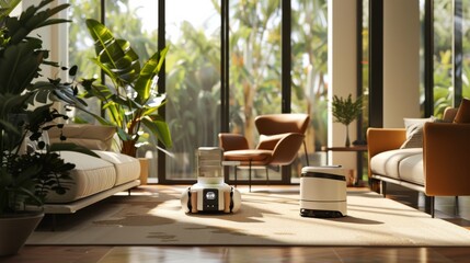 Fototapeta premium A modern living room with smart robots and lush plants, bathed in natural light from large windows, creating an inviting and futuristic ambiance.
