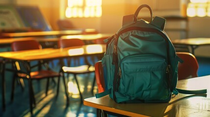 A green backpack rests on a classroom desk bathed in warm sunlight, capturing a quiet moment of school life and learning environment.