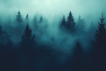 A forest with trees covered in mist