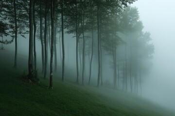 A forest with foggy trees and a hill in the background
