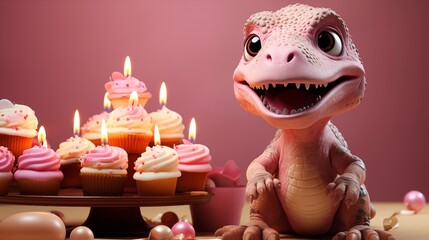 Obraz premium Cute dinosaur with birthday cake on pink background.