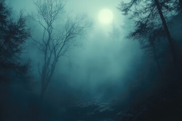 Fototapeta premium A forest at night with a full moon in the sky