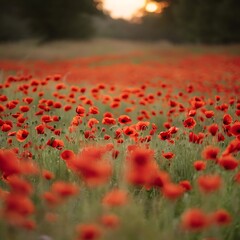 Blurred and defocused image of red beautiful poppies bloom, poppy red flowers meadow