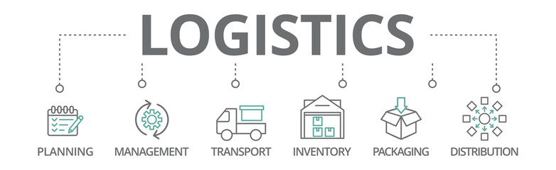 Logistics banner icon, planning, management, transport, inventory, packaging and distribution vector illustration concept