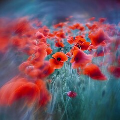 Obraz premium Blurred and defocused image of red beautiful poppies bloom, poppy red flowers meadow