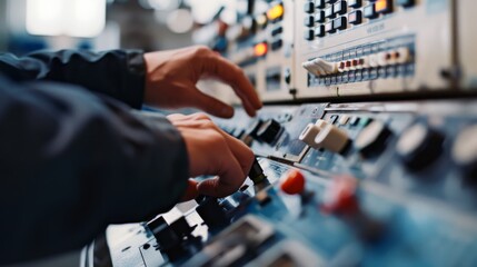 Close-up of someone's hands skillfully operating complex control panels, indicating precision and expertise in handling technical machinery.