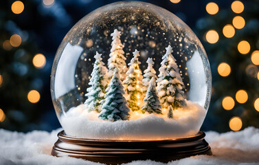 Ai generation Snow globe with christmas trees on dark background Christmas concept High quality, Glass snow globe Christmas decorative design, Christmas Snow Globe on a Table With Blurred of Christmas