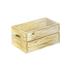 Wooden box empty watercolor. For vegetables, tools. Hand drawn illustration isolated on white. For labels, cookbooks, preserves recipes, Harvest and Vegetarian Day cards.
