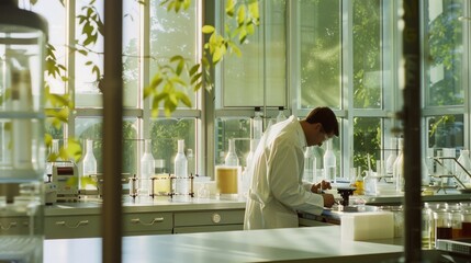 A dedicated scientist diligently works in a modern lab filled with natural light and green plants, portraying a fusion of innovation and nature.