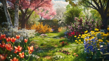 A picturesque garden pathway surrounded by blooming flowers and lush greenery, inviting a tranquil stroll through nature's beauty.