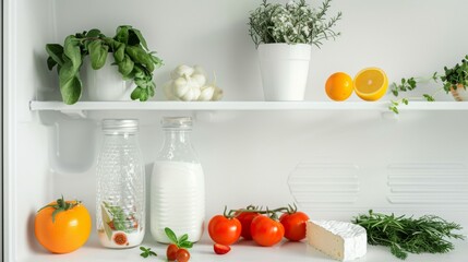 A fridge shelf beautifully arranged with fresh tomatoes, greenery, and dairy products, portraying a snapshot of healthy living and simplicity.