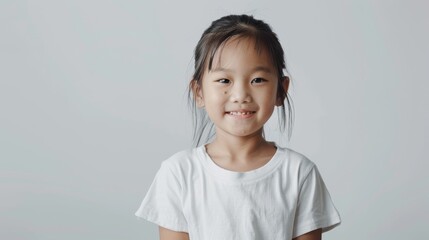 Smiling young girl with neatly tied hair, showing her teeth while standing against a neutral background, looking cheerful and innocent.
