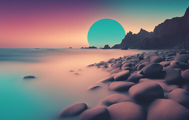 The edge of the white beach is colourful and glowing, Group of rocks sitting on top of a beach next to a body of water, Abstract wallpaper with sunset on sunrise and the reflection on lake 3d render
