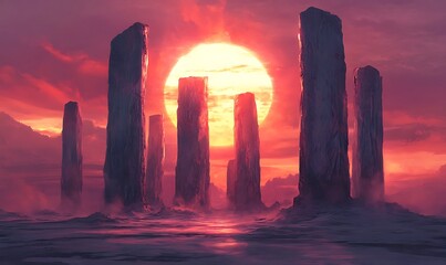 Tall Stone Pillars in a Crimson Sunset Landscape