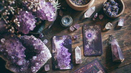Fototapeta premium An enchanting setup with amethyst crystals, tarot cards, and mystical items on a wooden table, perfect for spiritual rituals.