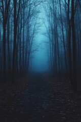 Obraz premium A forest path is shown in the dark with trees in the background