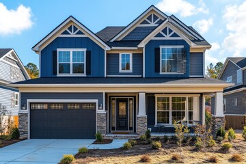 A two-story house with blue siding