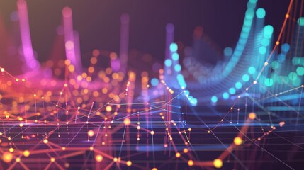 Obraz premium Abstract colorful data visualization graph with neon lights and digital nodes illustrating complex statistical analysis and technological innovation.