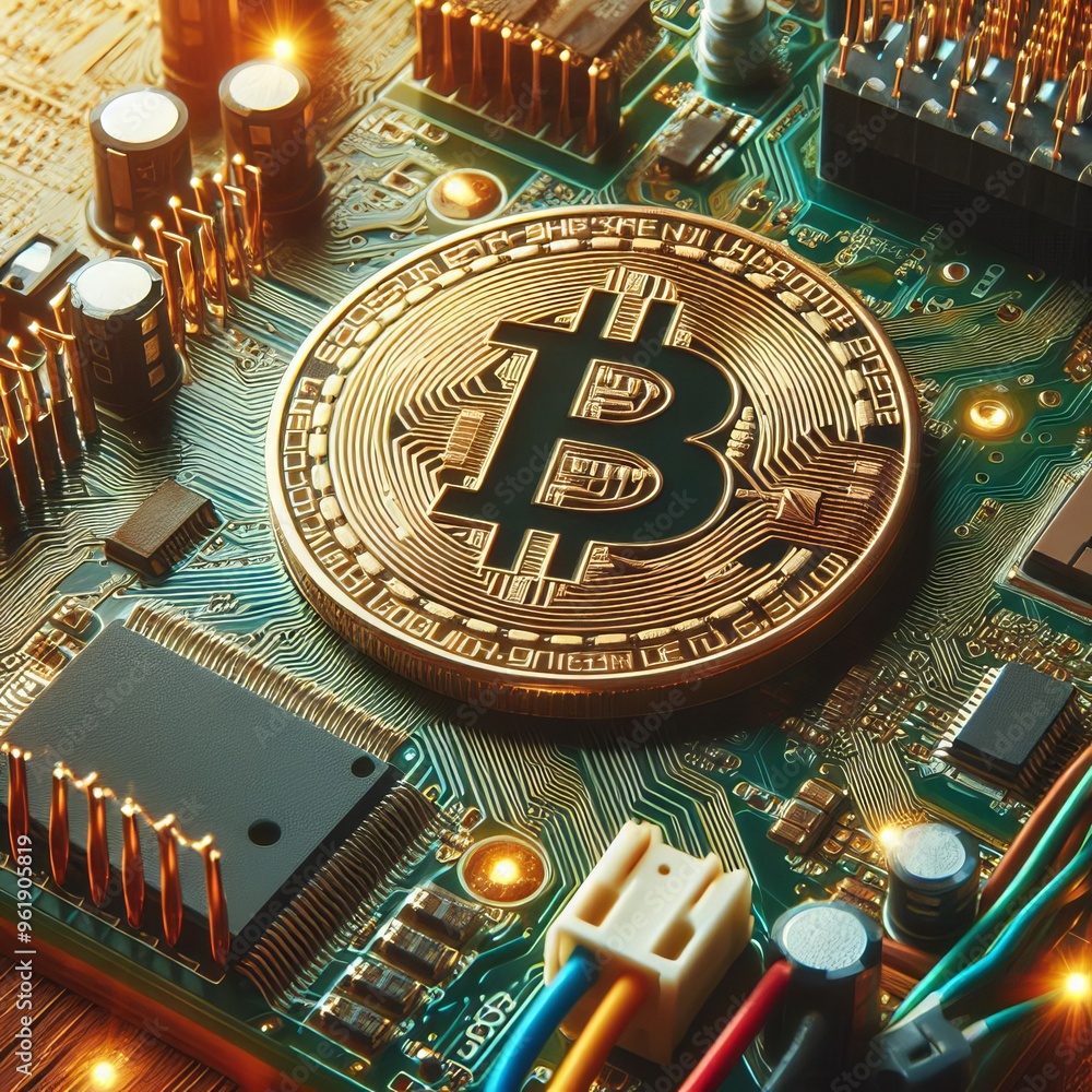 Poster a close-up of a golden bitcoin resting on a vibrant digital circuit board, symbolizing the integrati