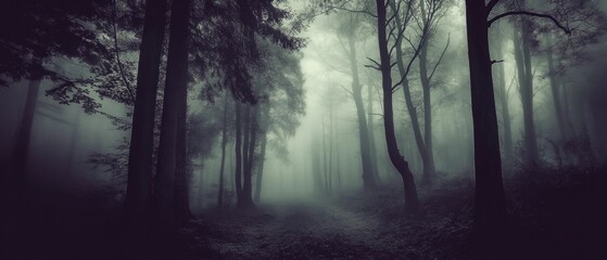 Fototapeta premium A forest with foggy trees and a dark sky