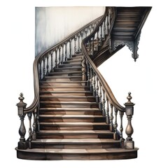 Obraz premium A beautifully crafted wooden staircase with intricate railing leading upward, showcasing elegant design and classic charm.