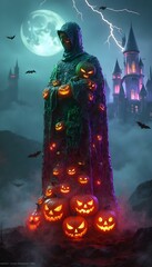 a statue with  seamless pattern featuring Halloween jack-o'-lanterns with scary faces,  