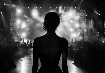 Silhouette of a Model on a Runway in a Cityscape