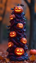 a statue with  seamless pattern featuring Halloween jack-o'-lanterns with scary faces,  