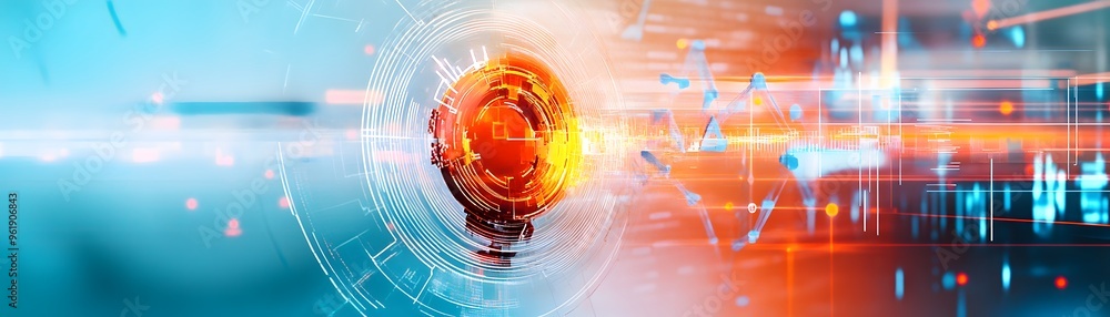 Poster abstract technology background with circular pattern and glowing lines.