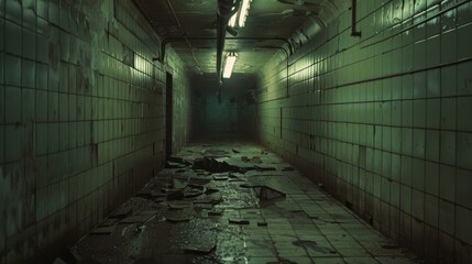 A dimly lit, eerie corridor with a damp floor and broken tiles, leading to an ominous darkness.