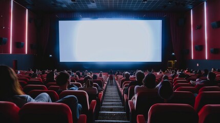 Obraz premium A lively movie theater with an audience seated, focused on an illuminated screen, anticipating the unfolding cinematic experience.