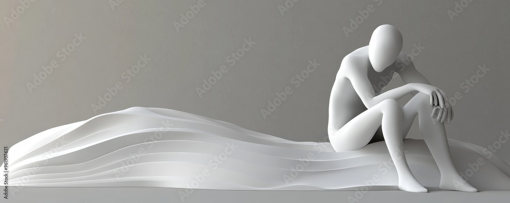 Poster a minimalist sculpture of a seated figure on a smooth surface, conveying solitude and introspection 