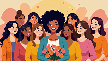 Diverse Group of Women with Bouquet and Gradient Background