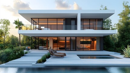 A modern tiny loft-style house with clean architectural features and minimalist design, shown in isometric 3D rendering on a white background.