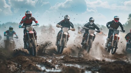 A group of motocross riders races through a muddy track, kicking up clouds of dirt under a dramatic, cloudy sky.