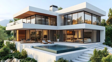Fototapeta premium A contemporary home with modern design elements, shown in isometric 3D rendering, isolated on a white background.