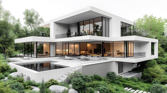 Isometric 3D rendering of a sleek, modern house, showcasing clean architectural lines on a white background.