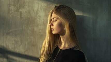 Fototapeta premium A contemplative young woman with long blonde hair stands against a textured wall, bathed in gentle, natural light.