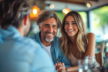 Bonding, love and relationship concept. Caucasian mature romantic couple spouses colleagues drinking enjoying coffee on a date together in cafe restaurant