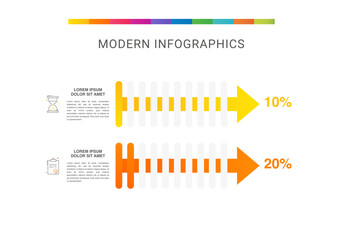 Presentation of modern vector infographic. Business template with 2 steps, arrows with illustration Infographic for bar graph, chart, app, website, slides. Progress bar with two steps percentage.