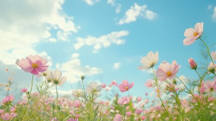 Obraz premium Cosmos flower blossom in garden with blue sky and cloud. Nature background