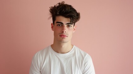 Obraz premium Portrait of a young person in a white T-shirt against a pale pink background, conveying a sense of quiet confidence.