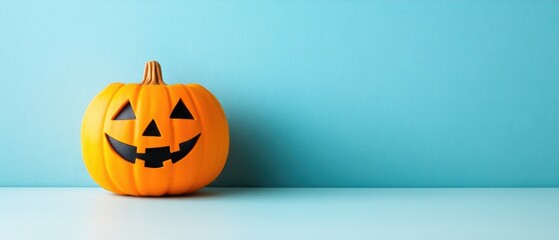 A pumpkin with a smiley face on it is sitting on a blue background