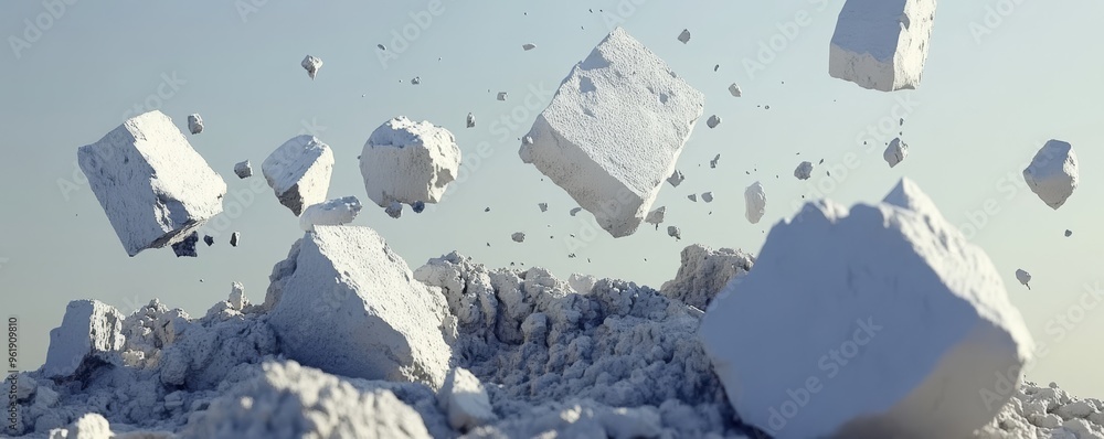 Poster abstract composition of floating white cubes in a minimalistic environment, showcasing movement and 