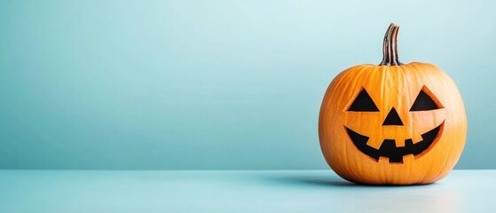 A pumpkin with a smiley face on it is sitting on a table